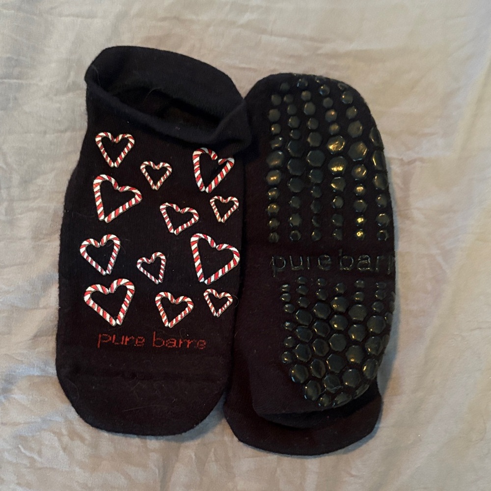 Pure Barre Black Socks with Candy Cane Hearts